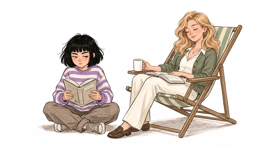 Jubilee dozes in a deck chair with her mug on the armrest; Jael sits on the floor beside her, reading