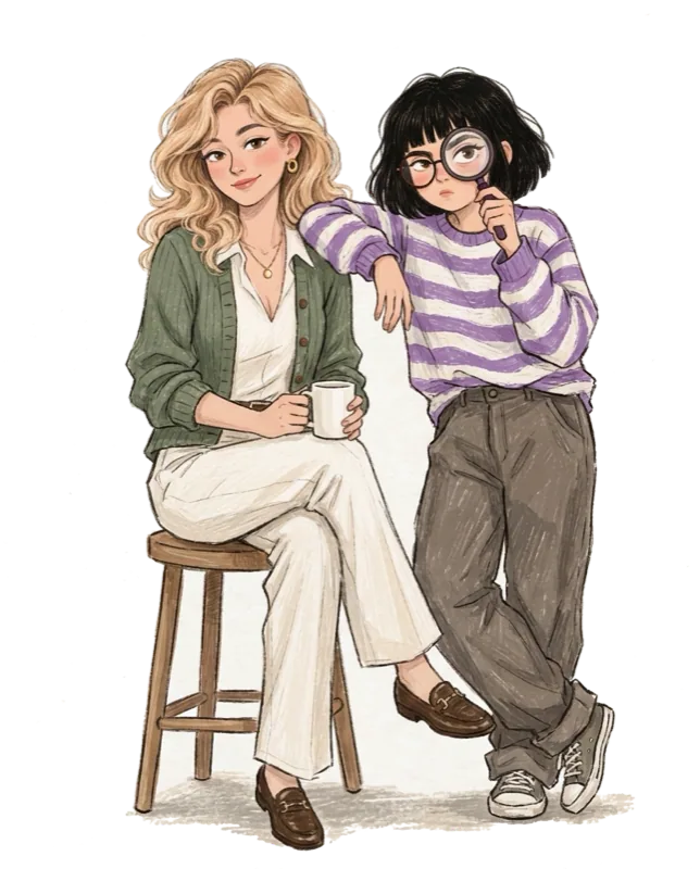 Jubilee sits on a stool with her mug; Jael leans on her shoulder and inspects you through a magnifying glass