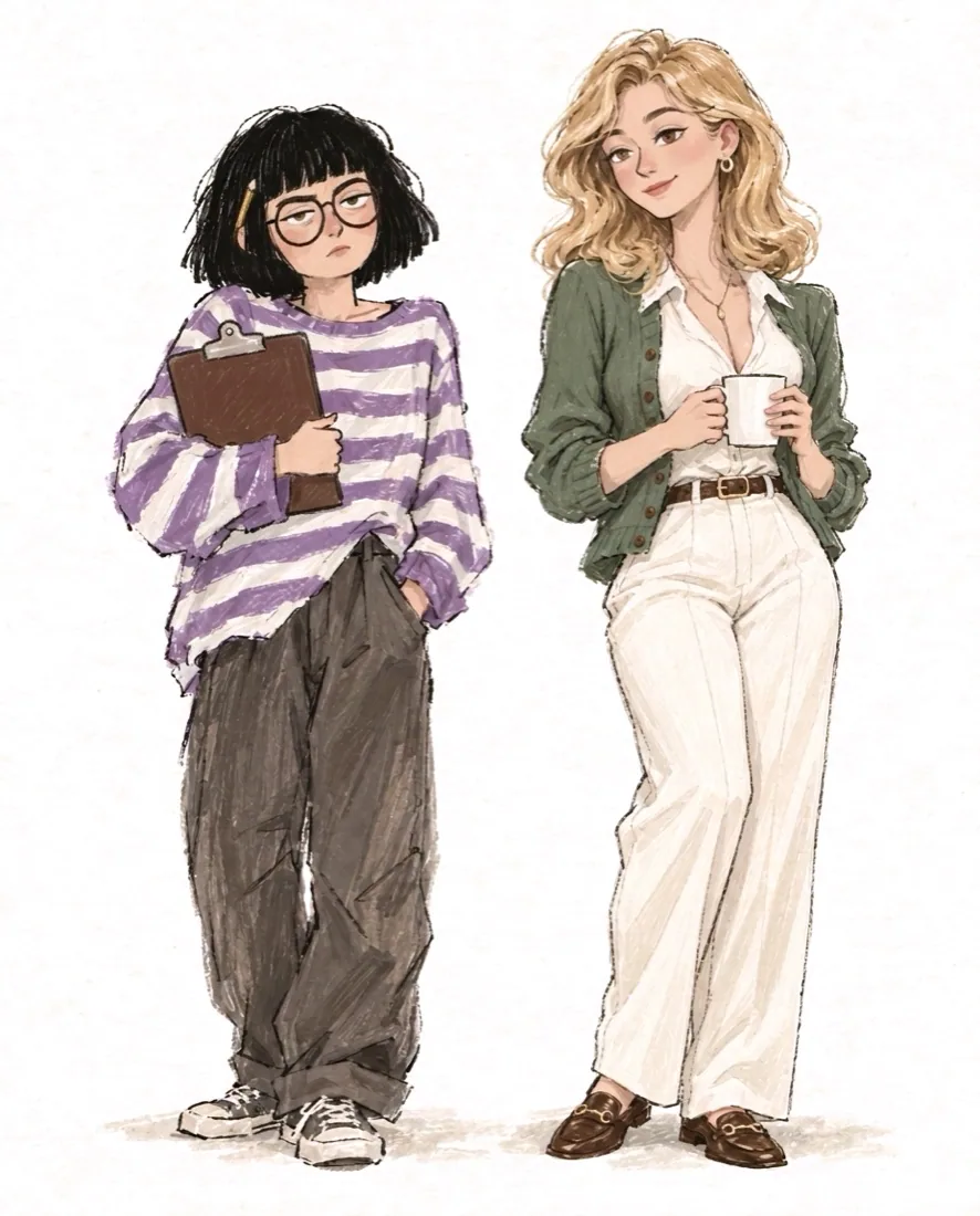 Jael with her clipboard and Jubilee with her mug, standing side by side